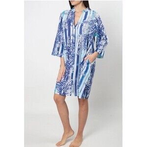 Antica Sartoria Coral Print Button Down Short Dress Blue White One Size NWT’s